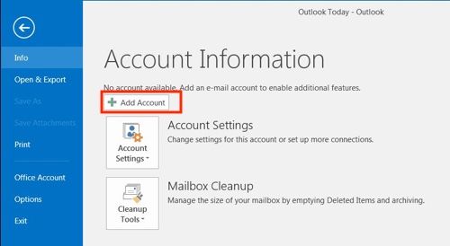 Step 2. add email account to outlook