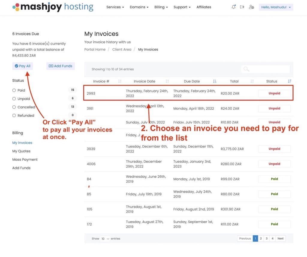how to pay for invoice in Mashjoy Hosting Platform 1