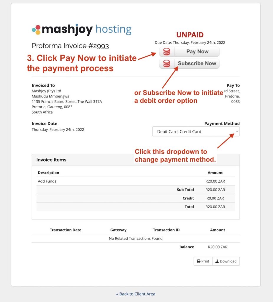 how to pay for invoice in Mashjoy Hosting Platform 2