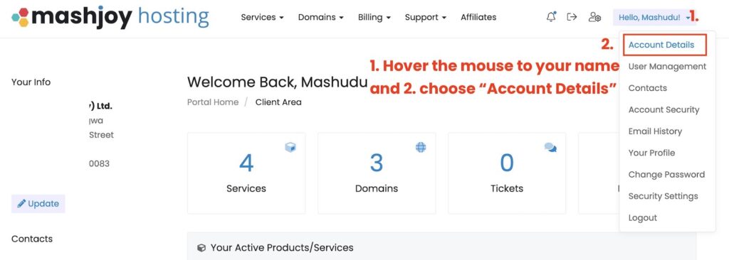Change Your Hosting Account Details on mashjoy.com hosting Platform 1